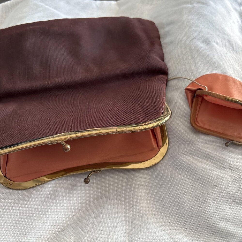 VINTAGE 1930s 1940s Brown Art Deco Kiss Lock Clutch with Attached Coin Purse - Picture 2 of 5